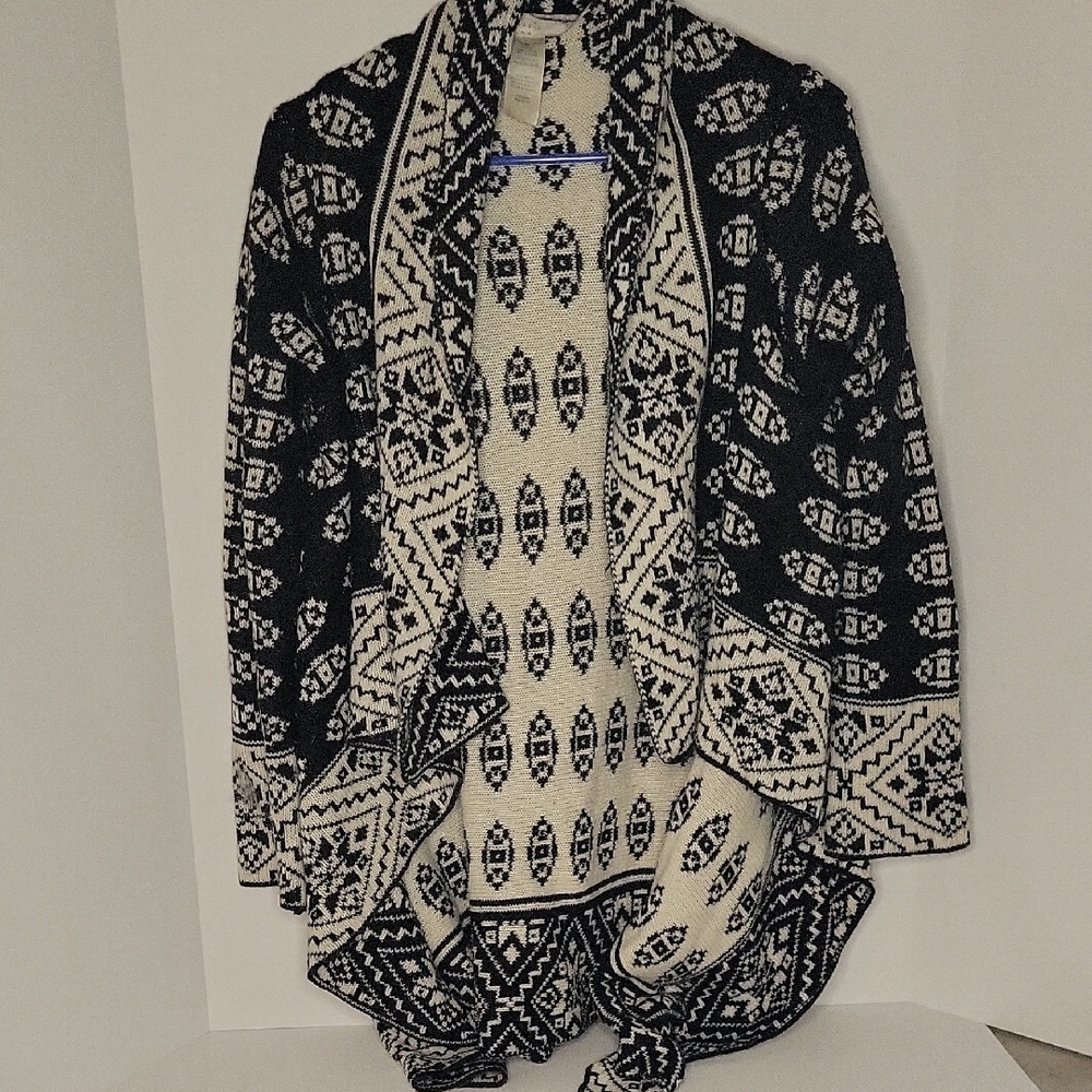 Elodie Sweater Womens M Black Ivory Geometric Waterfall Cardigan Open Front